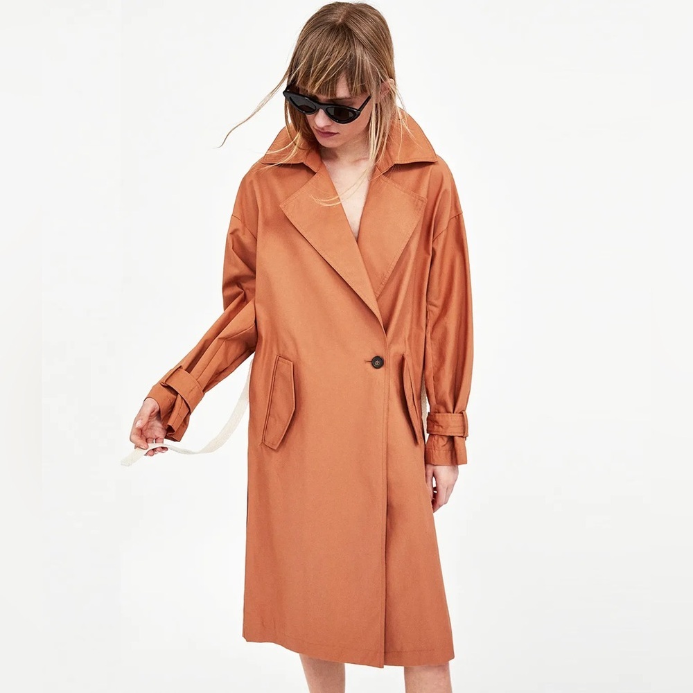 ZARA Trench Coat Contrasting Belt Size Small Single Button Notched Collar Orange - Picture 4 of 16